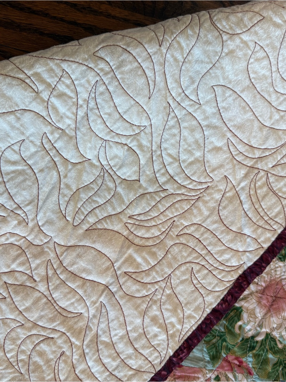 Handmade Floral Hexagon Quilt - Burgundy Border, Multicolor Center - Picture 9 of 12